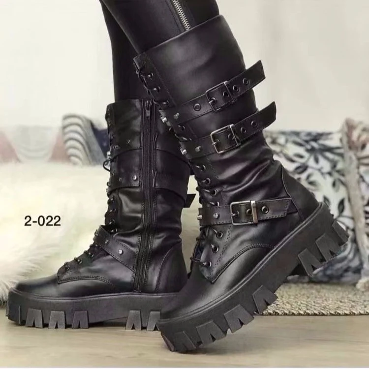 Damen Plateau-Bikerstiefel mit grober Profilsohle, Schnürung, Reißverschluss und verstellbaren Zierschnallen Nord Taschen