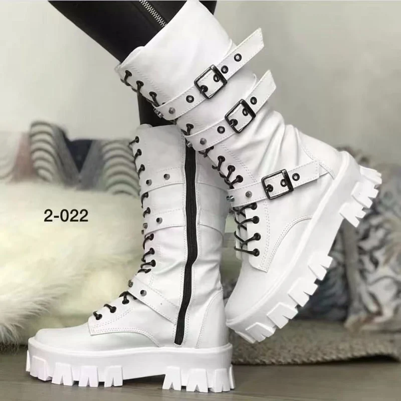 Damen Plateau-Bikerstiefel mit grober Profilsohle, Schnürung, Reißverschluss und verstellbaren Zierschnallen Nord Taschen