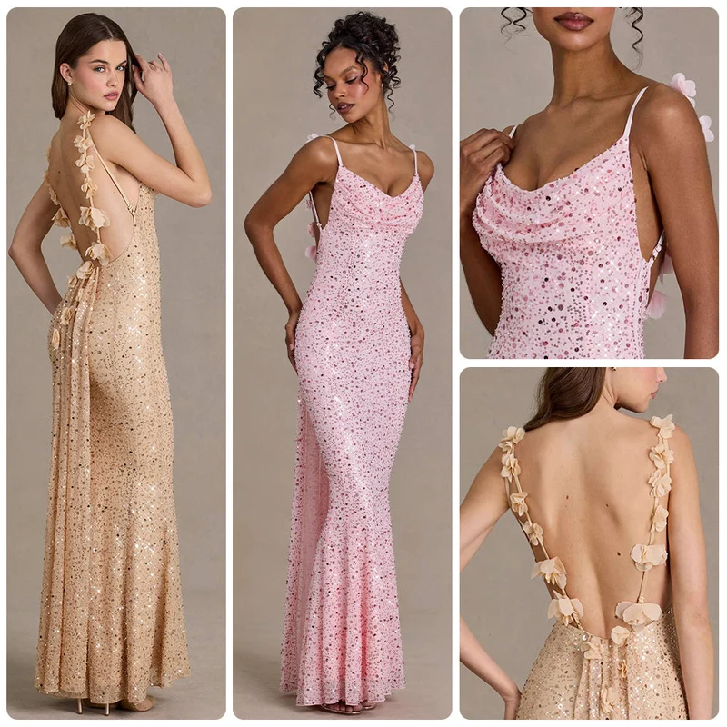 Damen elegantes Pailletten-Maxi-Kleid mit schickem Wasserfallausschnitt und figurbetonter Silhouette Nord Taschen