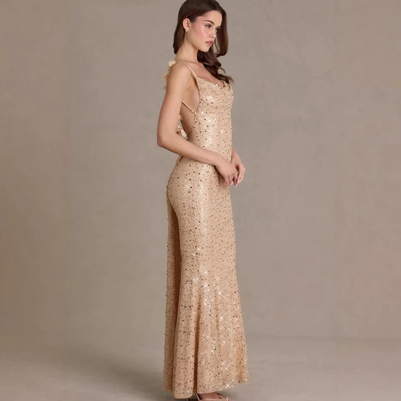 Damen elegantes Pailletten-Maxi-Kleid mit schickem Wasserfallausschnitt und figurbetonter Silhouette Nord Taschen