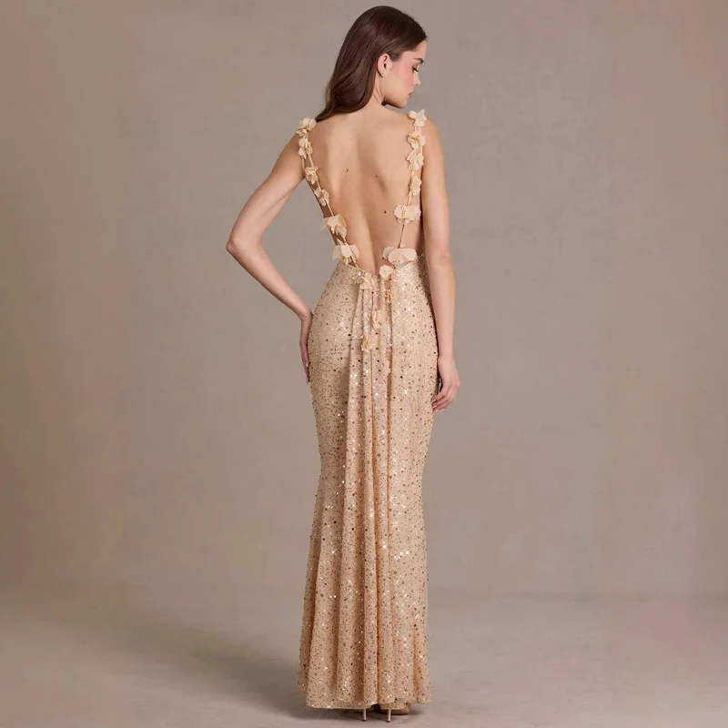 Damen elegantes Pailletten-Maxi-Kleid mit schickem Wasserfallausschnitt und figurbetonter Silhouette Nord Taschen