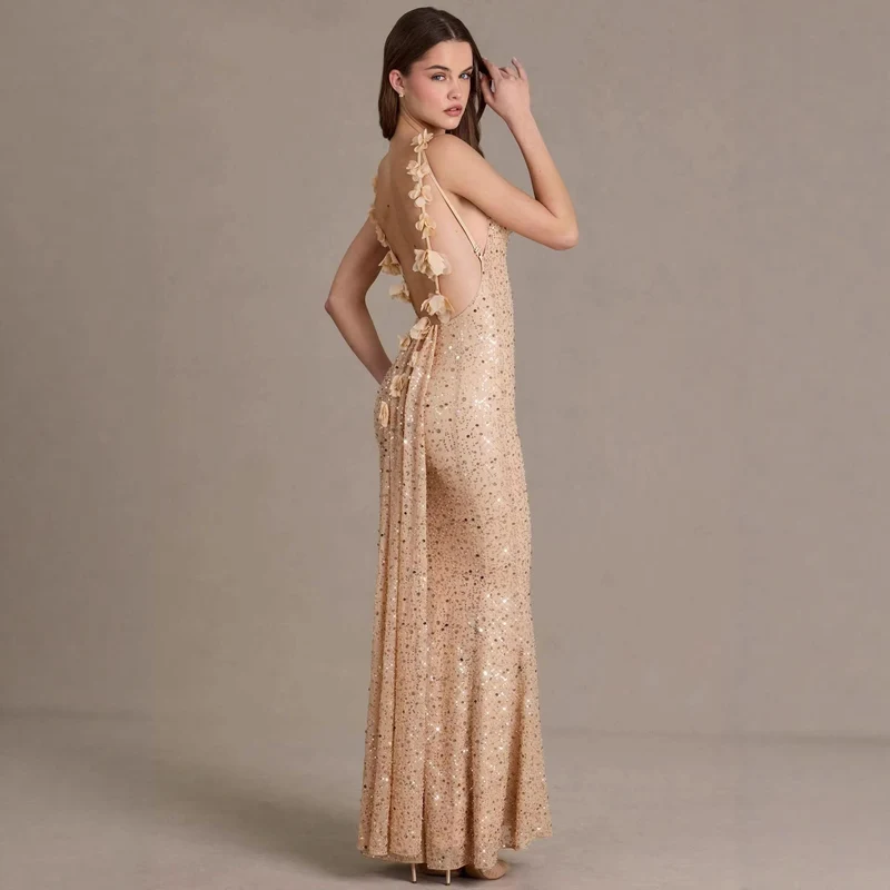 Damen elegantes Pailletten-Maxi-Kleid mit schickem Wasserfallausschnitt und figurbetonter Silhouette Nord Taschen
