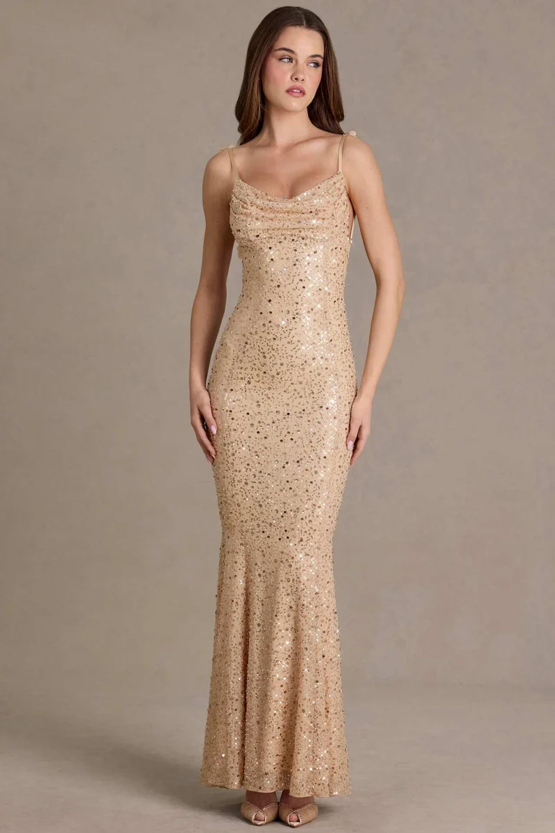 Damen elegantes Pailletten-Maxi-Kleid mit schickem Wasserfallausschnitt und figurbetonter Silhouette Nord Taschen