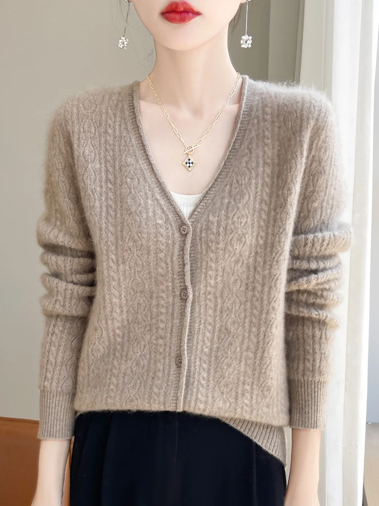 Damen Kurzer Zopfmuster-Cardigan im Mohair-Look mit V‑Ausschnitt und gerippten Bündchen Nord Taschen