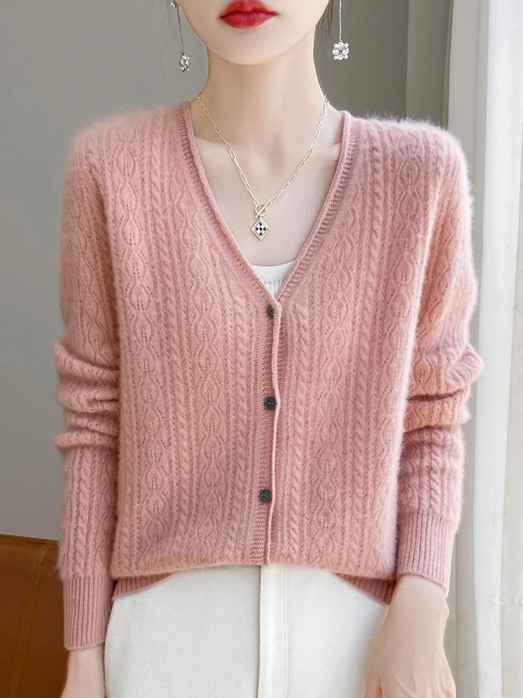 Damen Kurzer Zopfmuster-Cardigan im Mohair-Look mit V‑Ausschnitt und gerippten Bündchen Nord Taschen