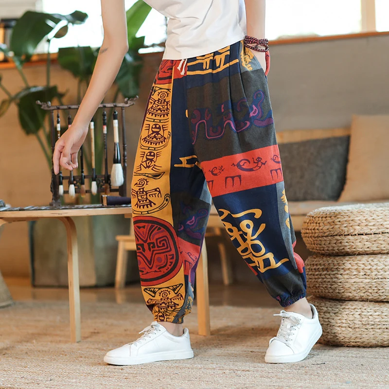 Herren Weite Haremshose im Boho-Print mit elastischem Tunnelzug und gekräuseltem Knöchelbund Nord Taschen