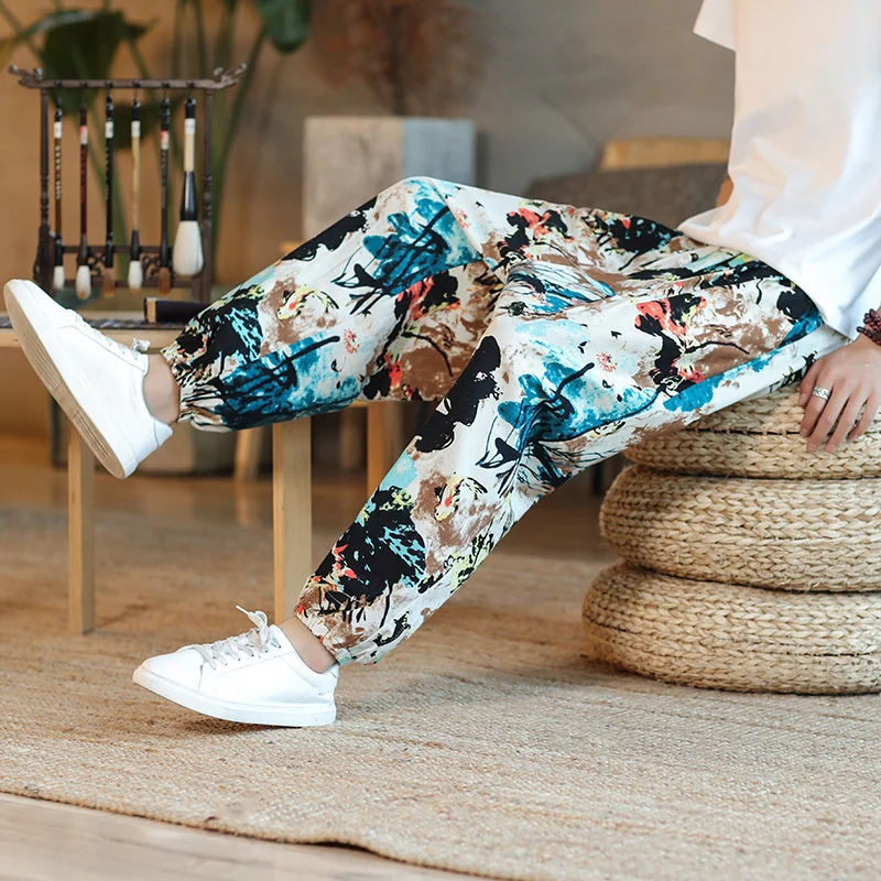 Herren Weite Haremshose im Boho-Print mit elastischem Tunnelzug und gekräuseltem Knöchelbund Nord Taschen