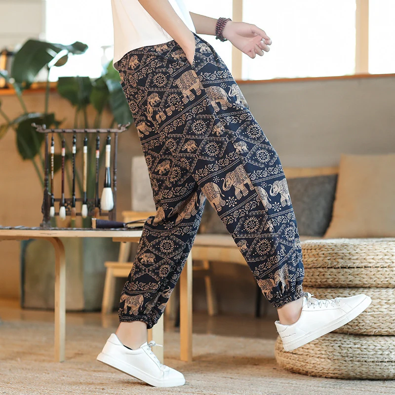 Herren Weite Haremshose im Boho-Print mit elastischem Tunnelzug und gekräuseltem Knöchelbund Nord Taschen