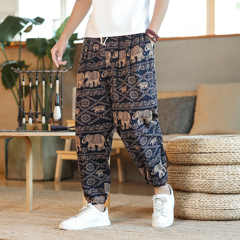 Herren Weite Haremshose im Boho-Print mit elastischem Tunnelzug und gekräuseltem Knöchelbund Nord Taschen