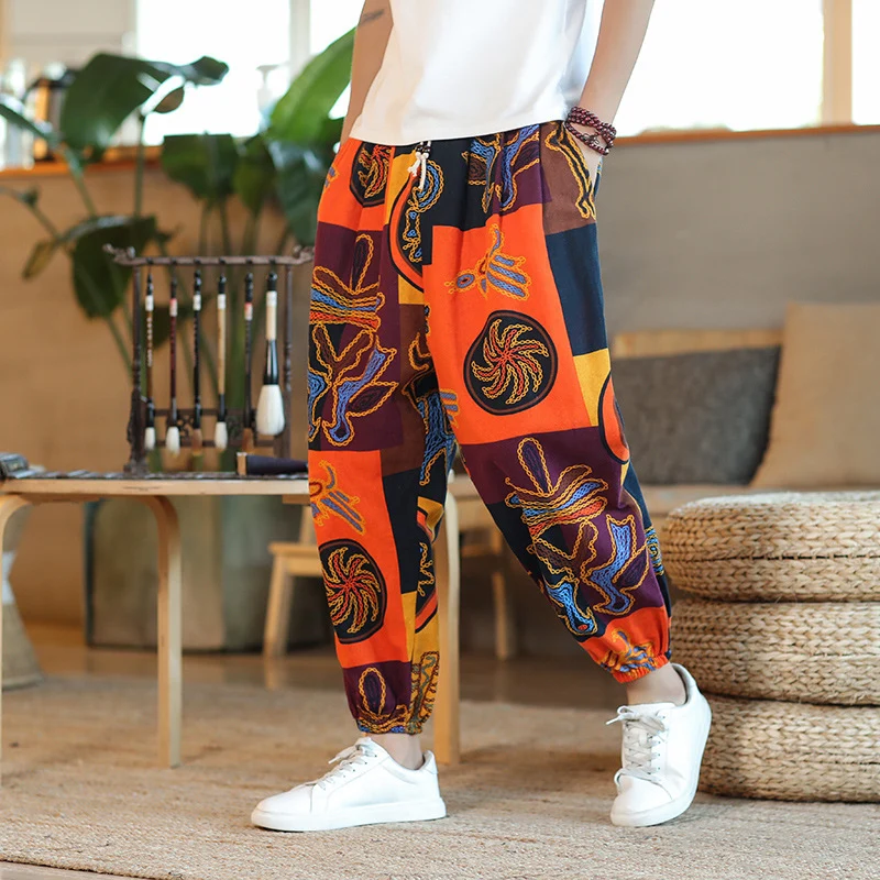 Herren Weite Haremshose im Boho-Print mit elastischem Tunnelzug und gekräuseltem Knöchelbund Nord Taschen