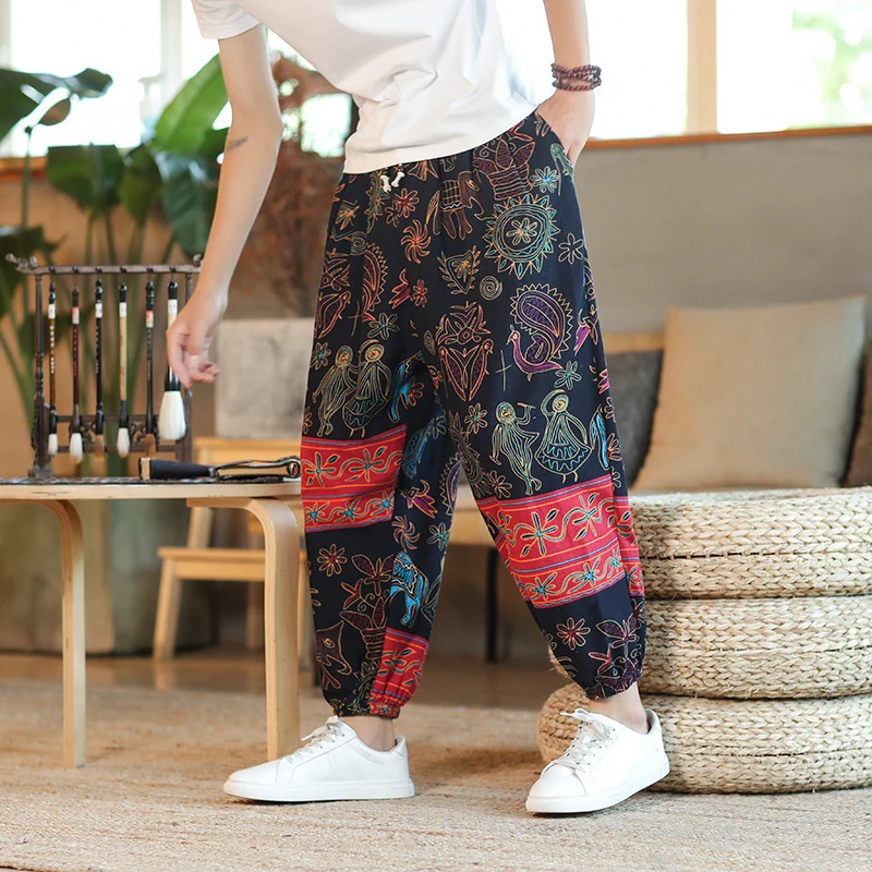 Herren Weite Haremshose im Boho-Print mit elastischem Tunnelzug und gekräuseltem Knöchelbund Nord Taschen