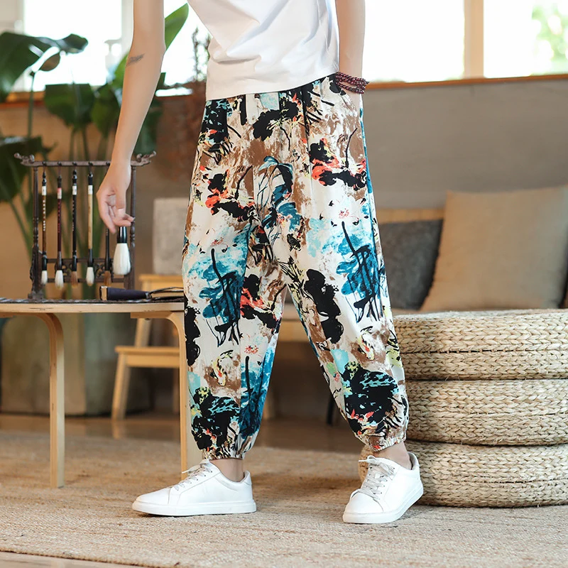 Herren Weite Haremshose im Boho-Print mit elastischem Tunnelzug und gekräuseltem Knöchelbund Nord Taschen