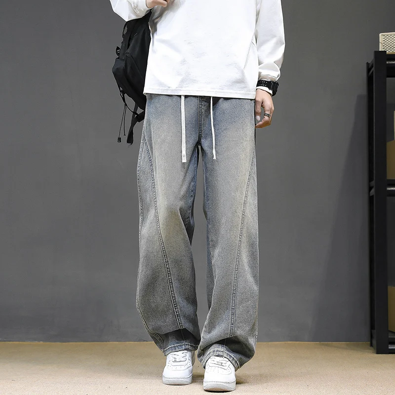 Herren Weite Denim‑Baggy‑Jeans mit Tunnelzugbund, tiefem Schritt und markanten Ziernähten Nord Taschen