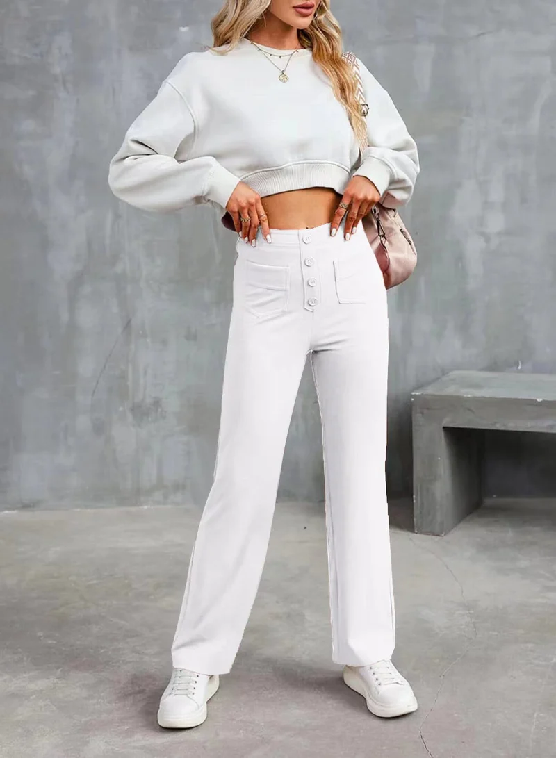 Damen Hochtaillierte weite Hose mit Knopfleiste und aufgesetzten Taschen Nord Taschen
