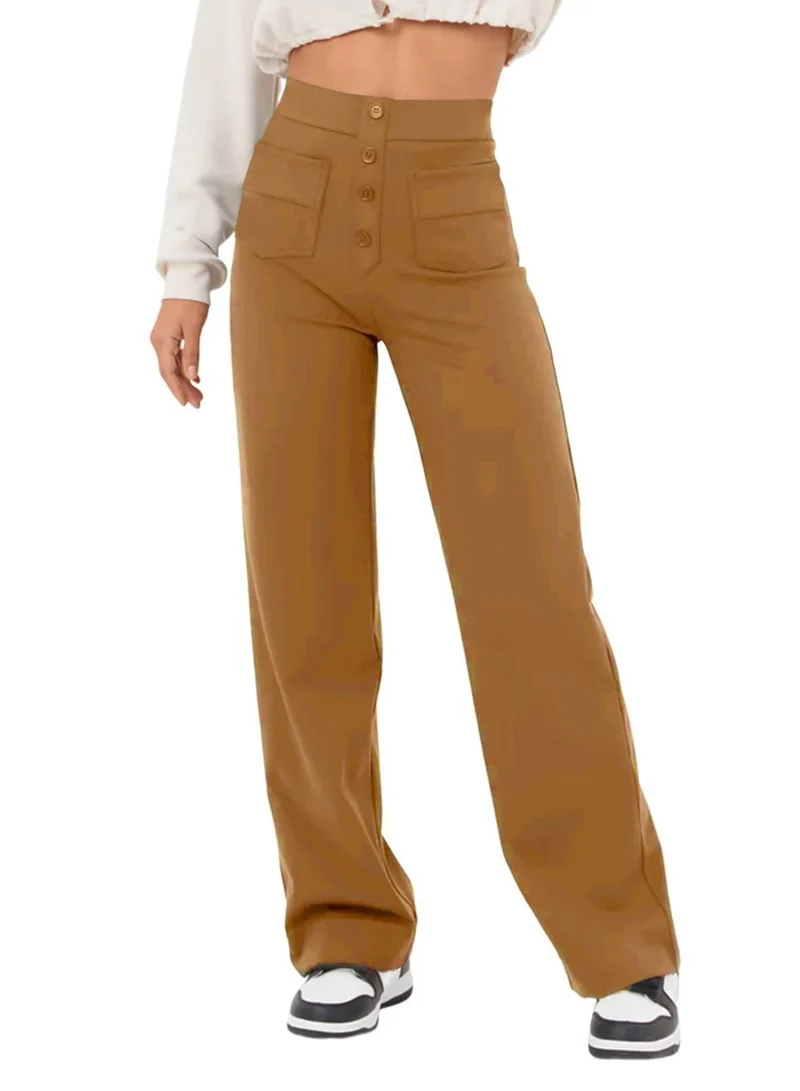 Damen Hochtaillierte weite Hose mit Knopfleiste und aufgesetzten Taschen Nord Taschen