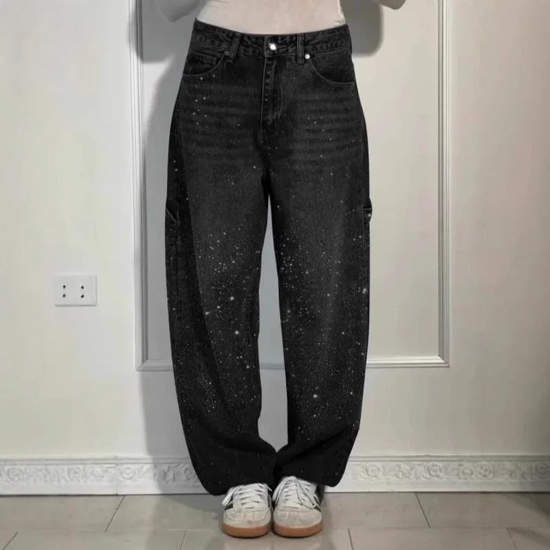 Damen High-Waist Jeans im weiten Cargo-Schnitt mit funkelndem Strassbesatz Nord Taschen