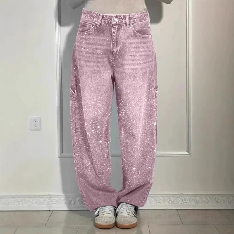 Damen High-Waist Jeans im weiten Cargo-Schnitt mit funkelndem Strassbesatz Nord Taschen