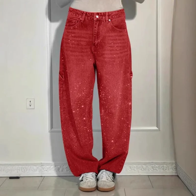 Damen High-Waist Jeans im weiten Cargo-Schnitt mit funkelndem Strassbesatz Nord Taschen