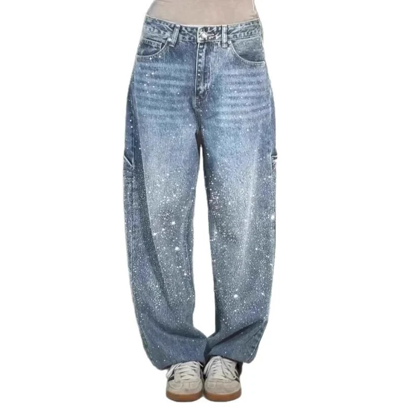 Damen High-Waist Jeans im weiten Cargo-Schnitt mit funkelndem Strassbesatz Nord Taschen