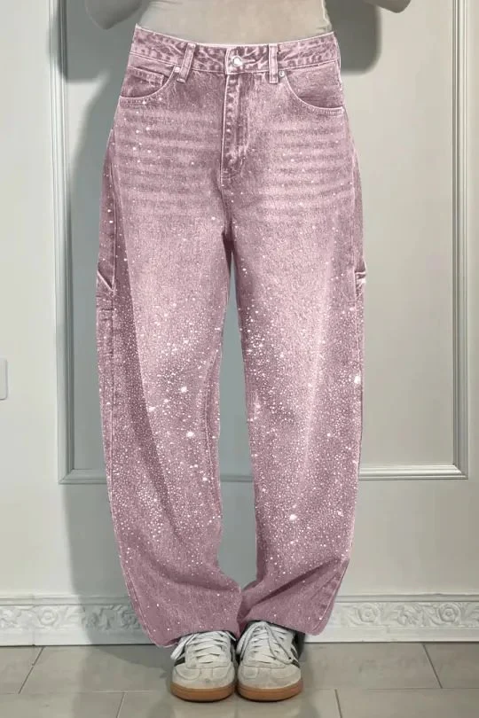 Damen High-Waist Jeans im weiten Cargo-Schnitt mit funkelndem Strassbesatz Nord Taschen