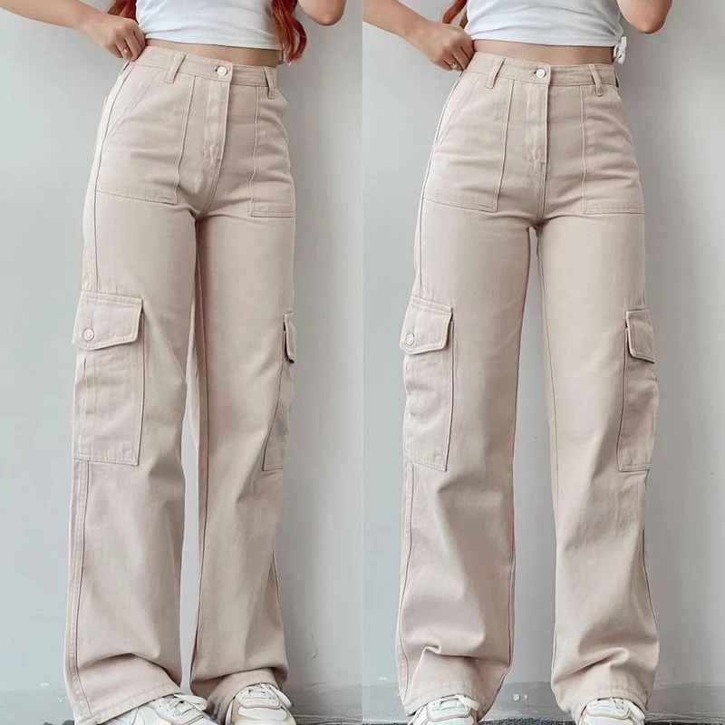 Damen High-Waist-Cargohose aus Twill mit aufgesetzten Klappentaschen und weitem Bein Nord Taschen