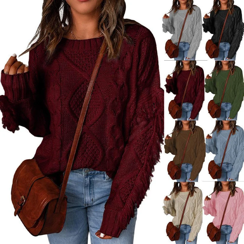 Damen Grobstrick-Pullover mit Zopfstruktur, fransigen Ärmeln und legerer Oversize-Passform Nord Taschen