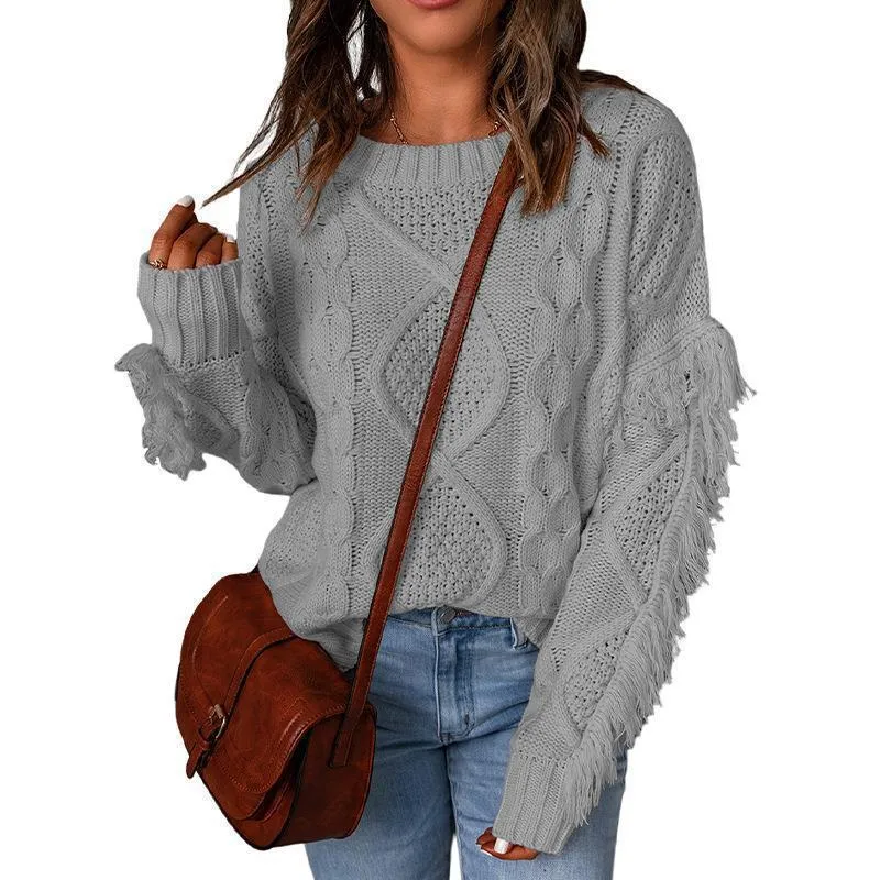 Damen Grobstrick-Pullover mit Zopfstruktur, fransigen Ärmeln und legerer Oversize-Passform Nord Taschen