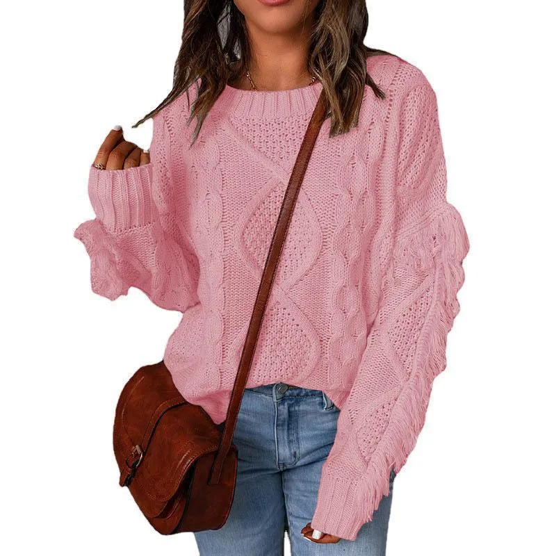 Damen Grobstrick-Pullover mit Zopfstruktur, fransigen Ärmeln und legerer Oversize-Passform Nord Taschen