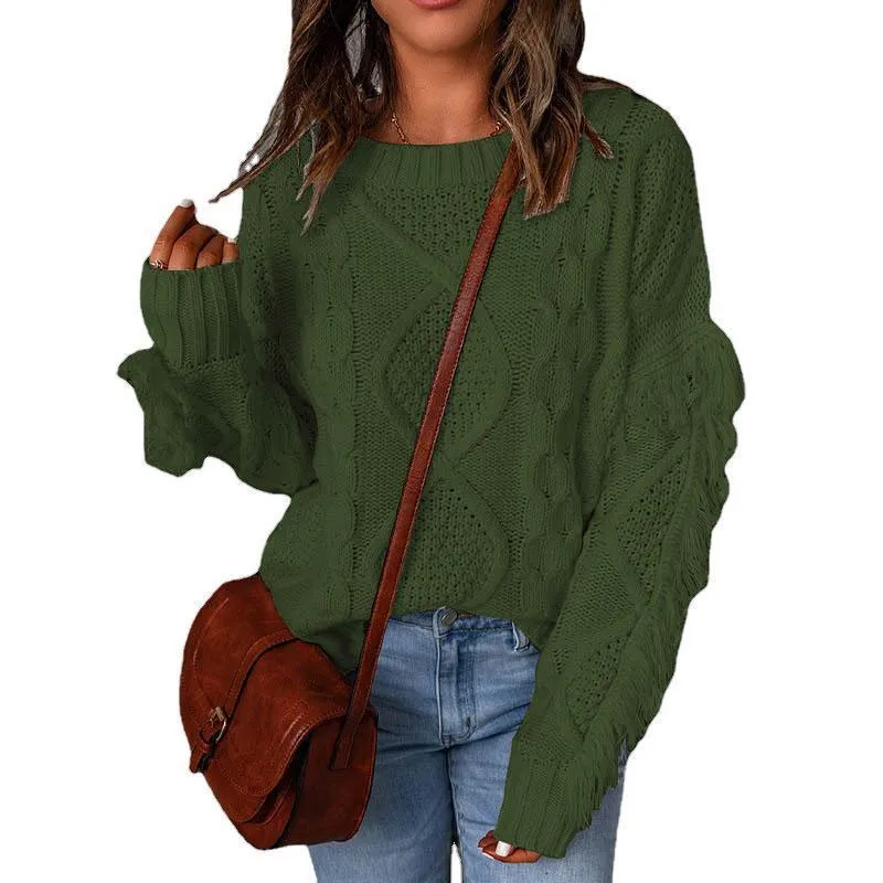 Damen Grobstrick-Pullover mit Zopfstruktur, fransigen Ärmeln und legerer Oversize-Passform Nord Taschen