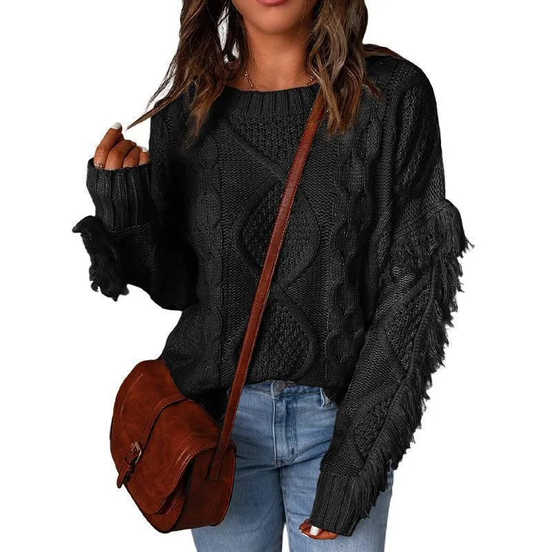 Damen Grobstrick-Pullover mit Zopfstruktur, fransigen Ärmeln und legerer Oversize-Passform Nord Taschen