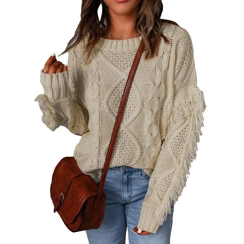 Damen Grobstrick-Pullover mit Zopfstruktur, fransigen Ärmeln und legerer Oversize-Passform Nord Taschen