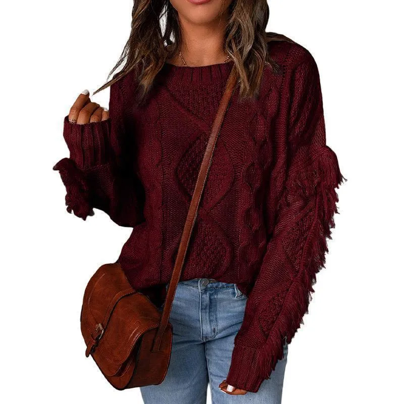 Damen Grobstrick-Pullover mit Zopfstruktur, fransigen Ärmeln und legerer Oversize-Passform Nord Taschen