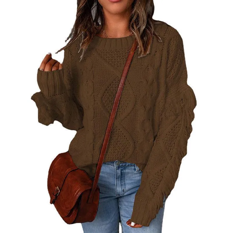 Damen Grobstrick-Pullover mit Zopfstruktur, fransigen Ärmeln und legerer Oversize-Passform Nord Taschen