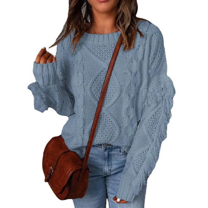 Damen Grobstrick-Pullover mit Zopfstruktur, fransigen Ärmeln und legerer Oversize-Passform Nord Taschen