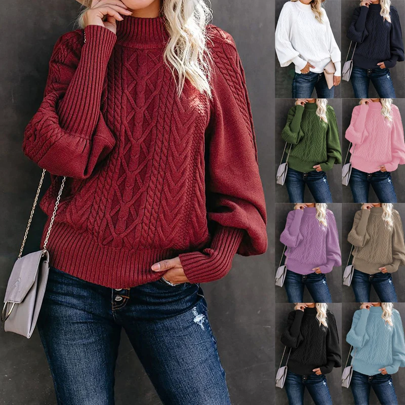 Damen Grobstrick-Pullover mit Zopfmuster, Stehkragen und Ballonärmeln Nord Taschen