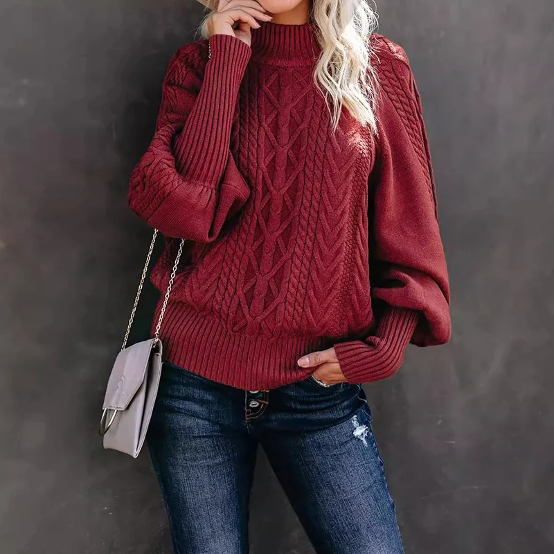 Damen Grobstrick-Pullover mit Zopfmuster, Stehkragen und Ballonärmeln Nord Taschen