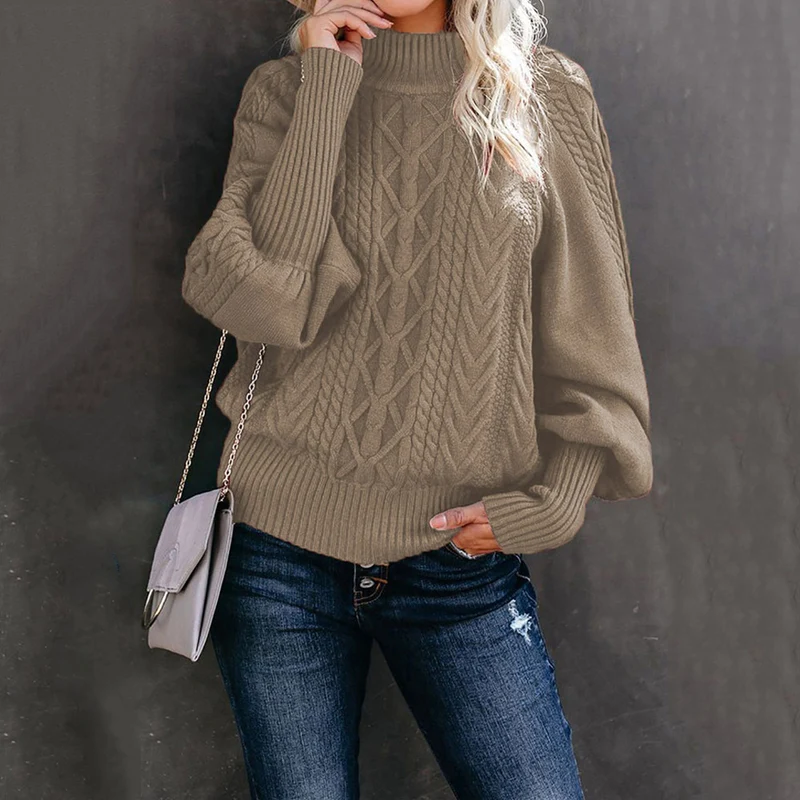 Damen Grobstrick-Pullover mit Zopfmuster, Stehkragen und Ballonärmeln Nord Taschen