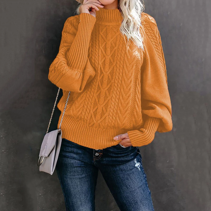 Damen Grobstrick-Pullover mit Zopfmuster, Stehkragen und Ballonärmeln Nord Taschen
