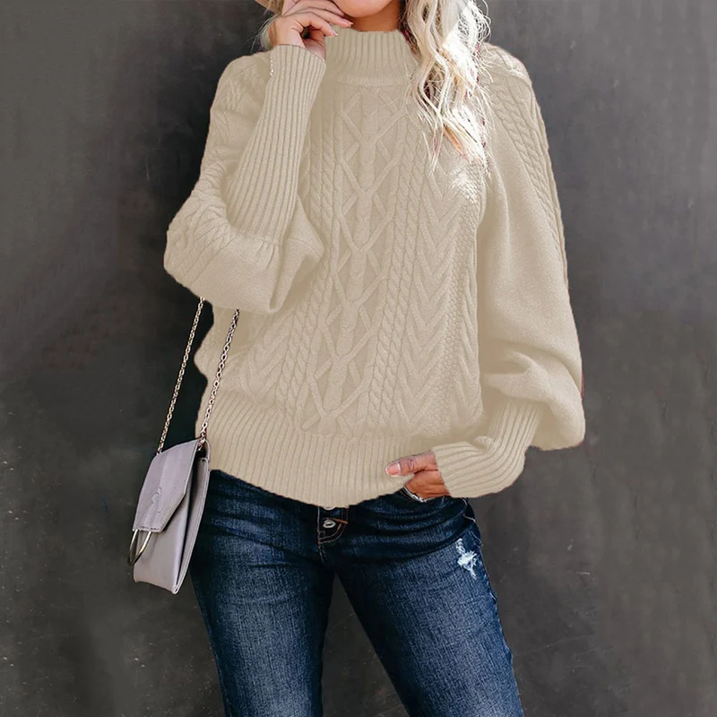 Damen Grobstrick-Pullover mit Zopfmuster, Stehkragen und Ballonärmeln Nord Taschen