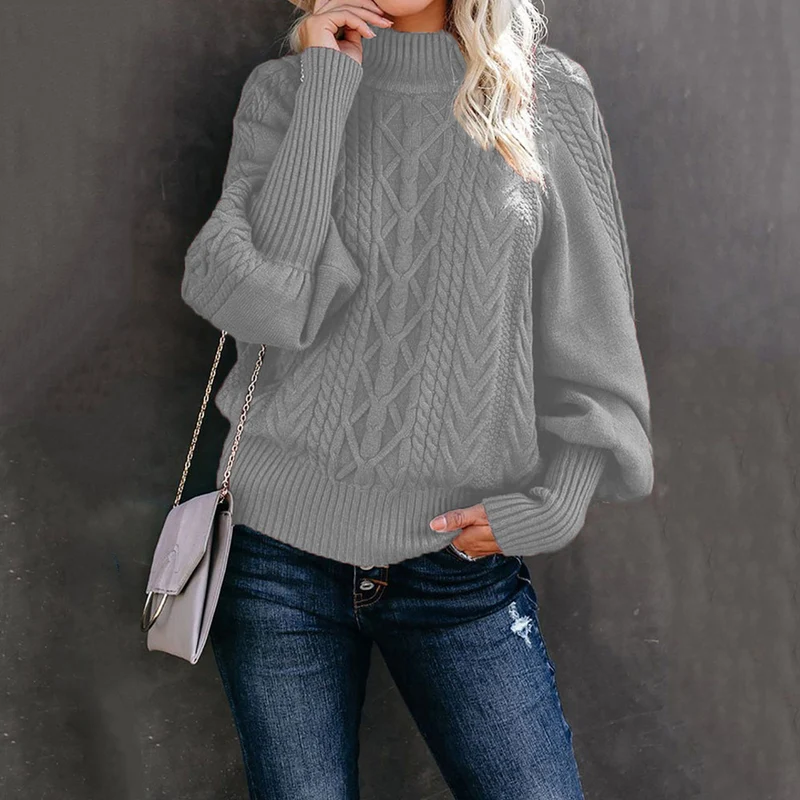 Damen Grobstrick-Pullover mit Zopfmuster, Stehkragen und Ballonärmeln Nord Taschen