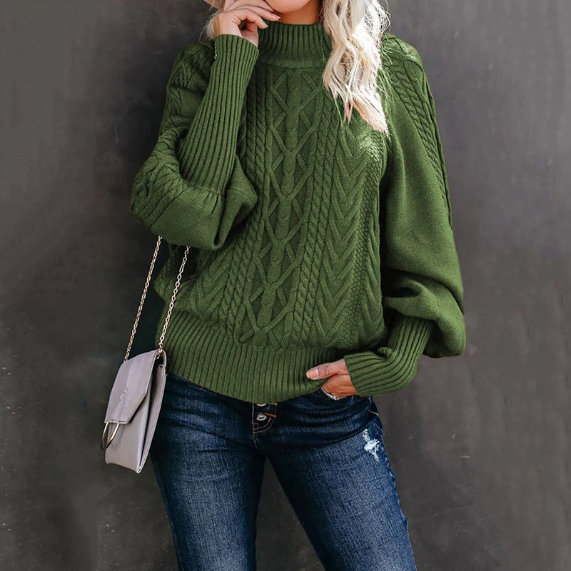 Damen Grobstrick-Pullover mit Zopfmuster, Stehkragen und Ballonärmeln Nord Taschen