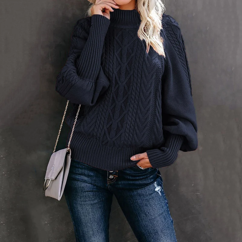 Damen Grobstrick-Pullover mit Zopfmuster, Stehkragen und Ballonärmeln Nord Taschen