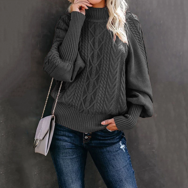 Damen Grobstrick-Pullover mit Zopfmuster, Stehkragen und Ballonärmeln Nord Taschen
