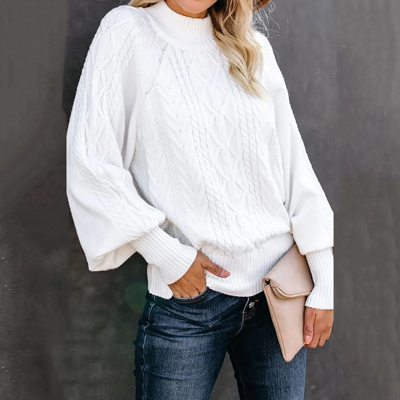 Damen Grobstrick-Pullover mit Zopfmuster, Stehkragen und Ballonärmeln Nord Taschen