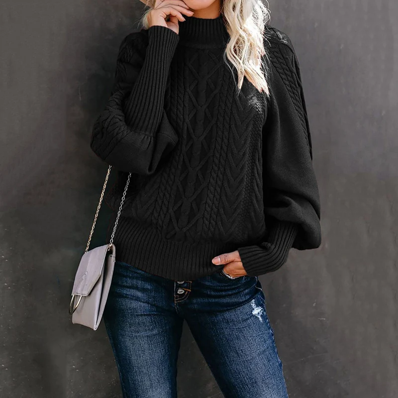 Damen Grobstrick-Pullover mit Zopfmuster, Stehkragen und Ballonärmeln Nord Taschen