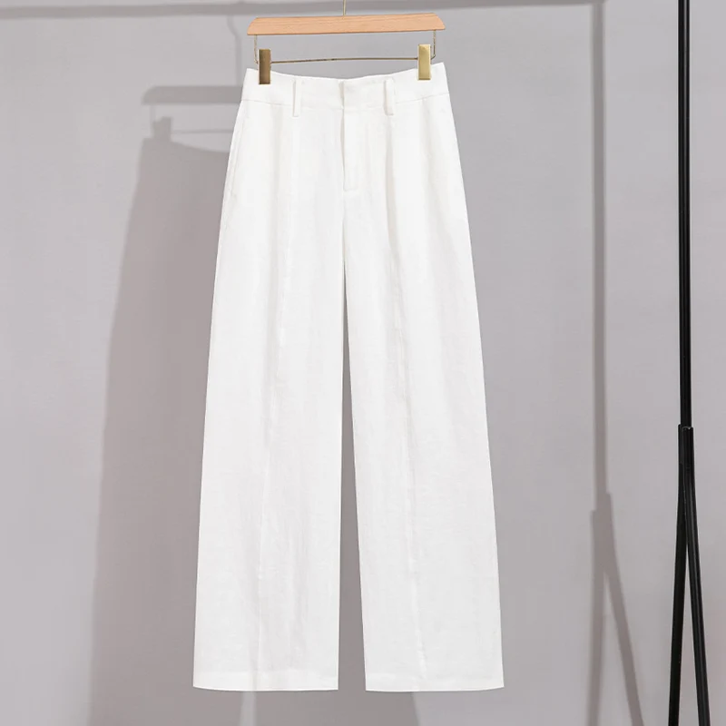 Damen Hochtaillierte Leinenhose mit weitem Bein, Bügelfalte und Gürtelschlaufen Nord Taschen