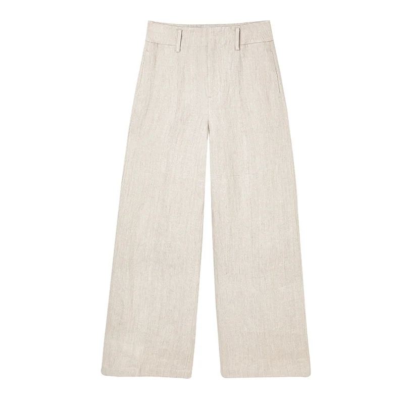 Damen Hochtaillierte Leinenhose mit weitem Bein, Bügelfalte und Gürtelschlaufen Nord Taschen