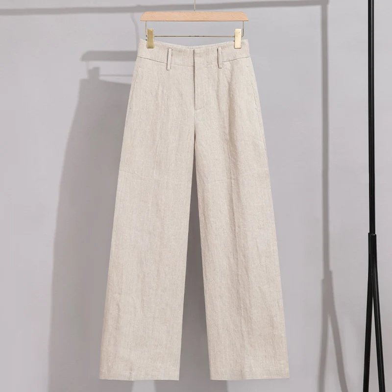 Damen Hochtaillierte Leinenhose mit weitem Bein, Bügelfalte und Gürtelschlaufen Nord Taschen
