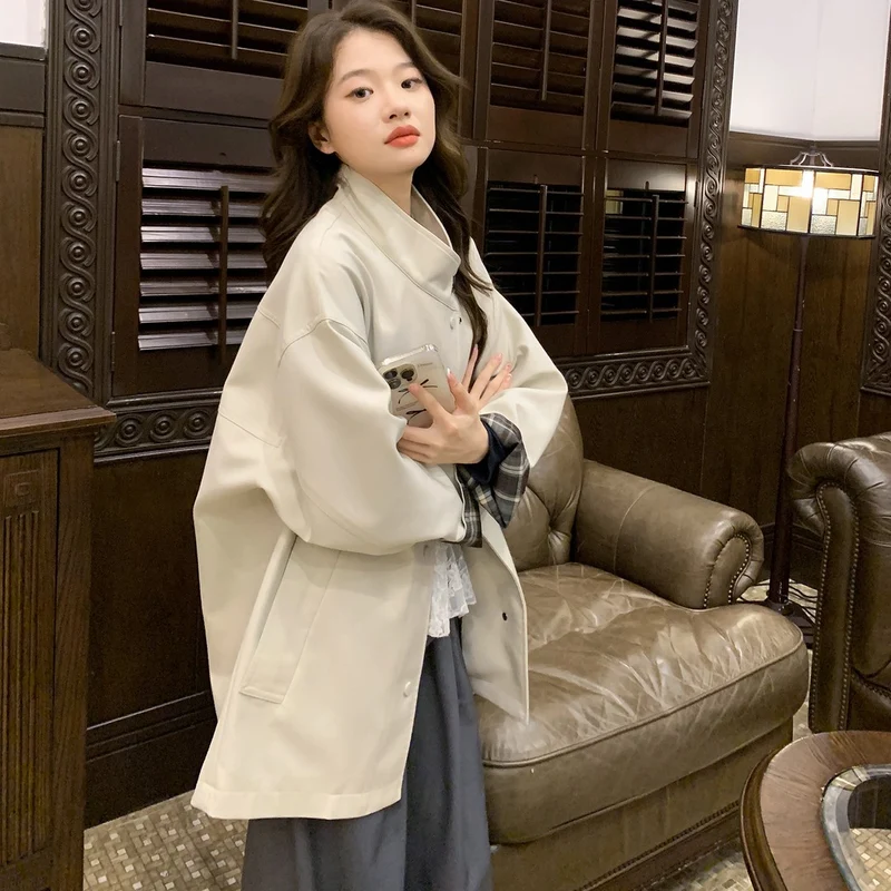 Damen Oversized Kurzmantel mit Stehkragen und kariertem Ärmelfutter Nord Taschen