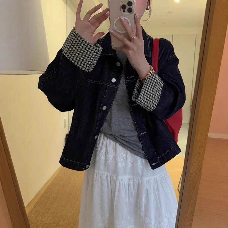 Damen Oversized Jeansjacke mit kontrastiertem Karo-Futter und Umschlagmanschetten Nord Taschen
